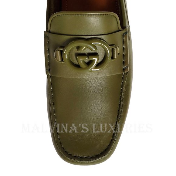 GUCCI SHOES MENS LOAFERS MOCCASINS G LOGO GREEN LEATHER sz 9G 9.5 - Picture 9 of 15